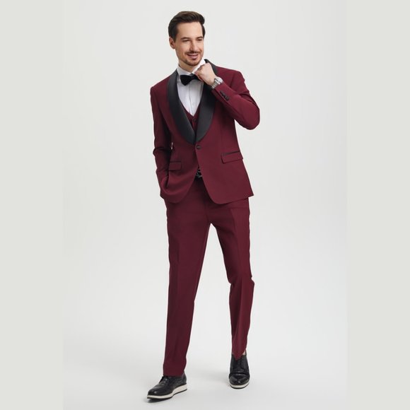 Stacy Adams 3pc Mens Tuxedo Hybrid Fit Shawl Lapel, Burgundy - Picture 4 of 6